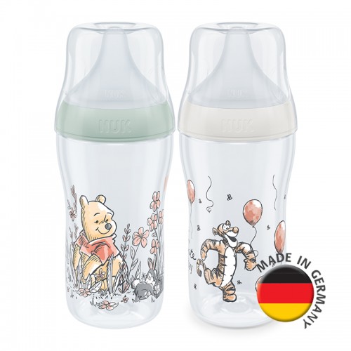 NUK Perfect Match Temperature Control Bottle with Soft Silicone Teat 260ml | Winnie The Pooh and Tigger Set | Made in Germany